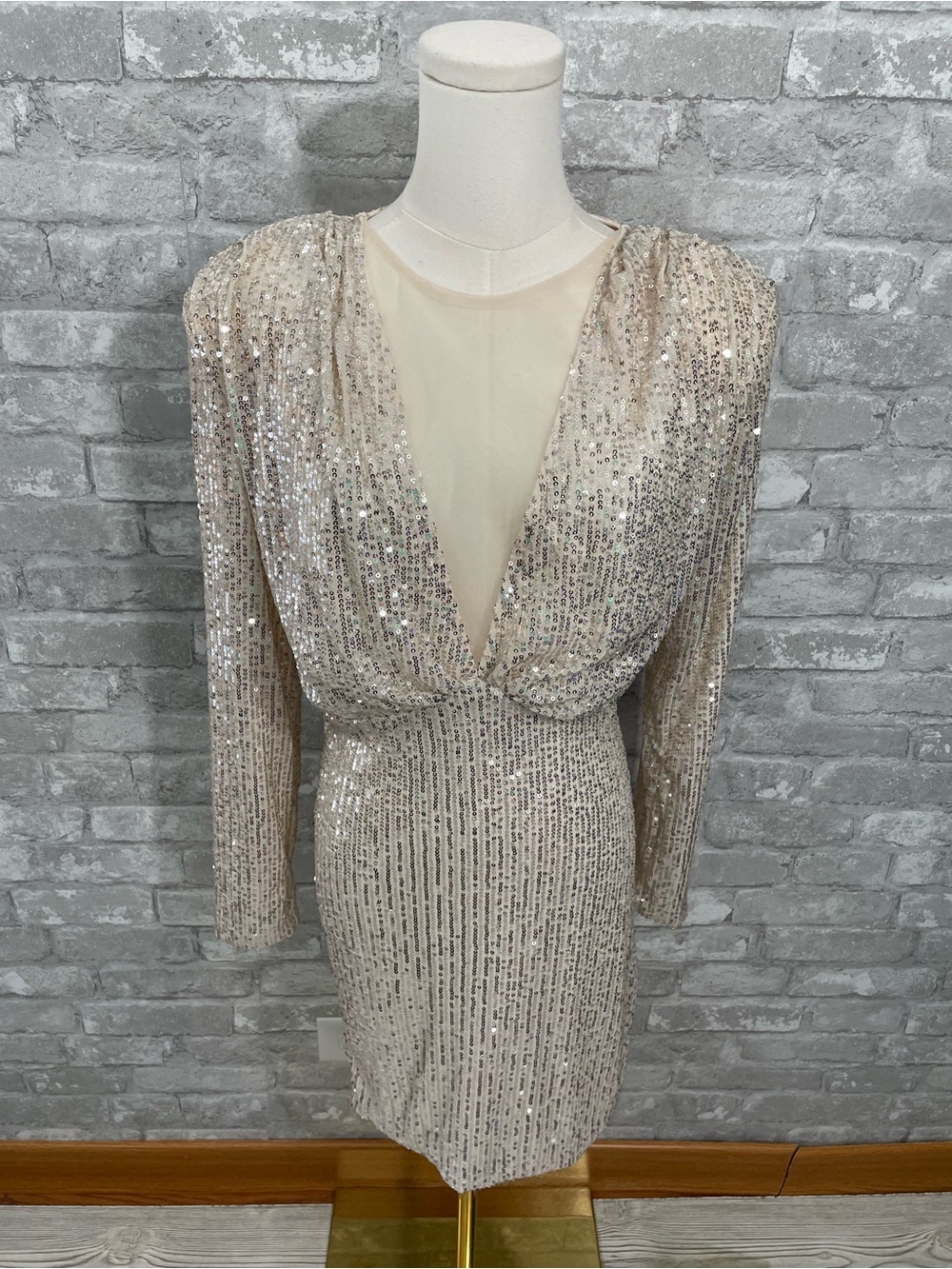 Fashion Nova Champagne Allyssa Sequin Deep V Mini Dress